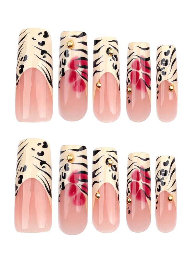 Jremg Leopard Print French Tip Press on Nails Long Square Fake Nails with 3D Gold Pearl Designs Glossy Red Flower Full Cover Glue On Nails Reusable Coffin Autumn Winter False Nails for Women 24Pcs - Image 4