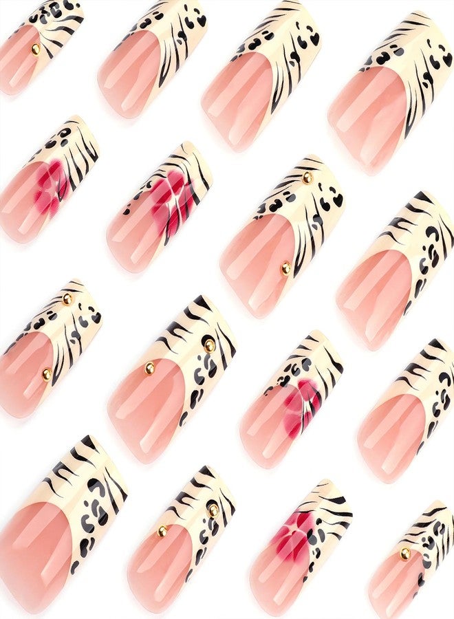 Jremg Leopard Print French Tip Press on Nails Long Square Fake Nails with 3D Gold Pearl Designs Glossy Red Flower Full Cover Glue On Nails Reusable Coffin Autumn Winter False Nails for Women 24Pcs - Image 3