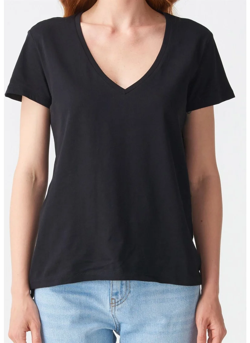 Dilvin 3470 V Neck Basic T-Shirt-Black