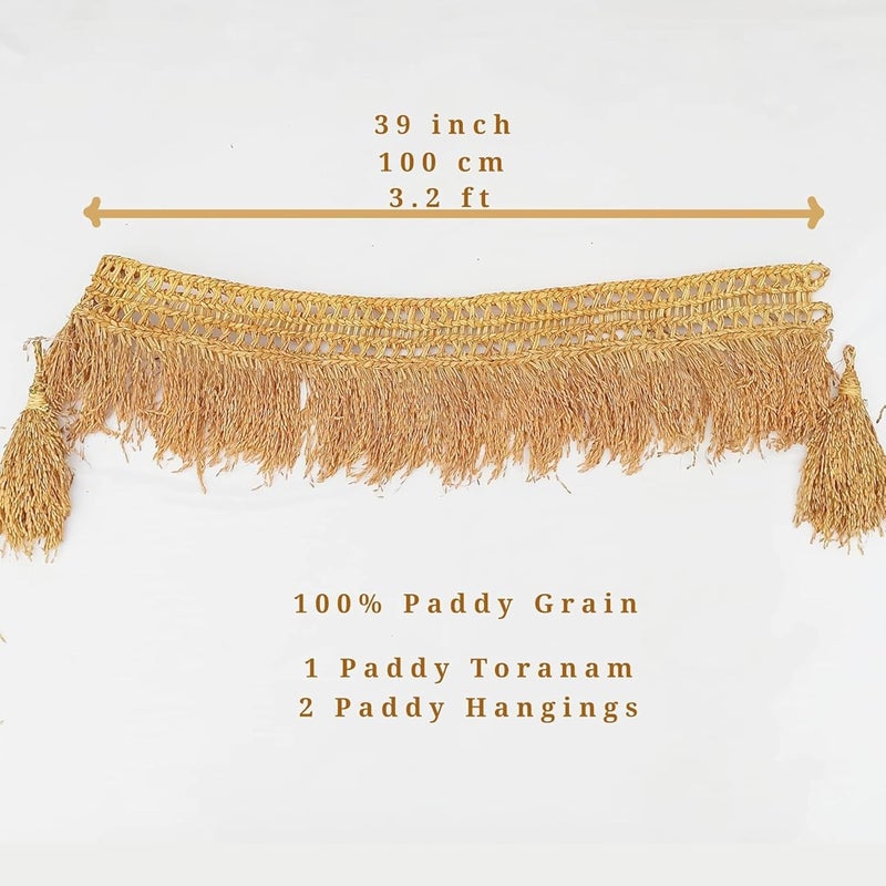 suvasane Pooja Room Toran with Natural Golden Paddy – 3.5 Feet Long Door Decoration & 2 Paddy Hangings (Pack of 1) | Gift Item for Diwali | - Image 3