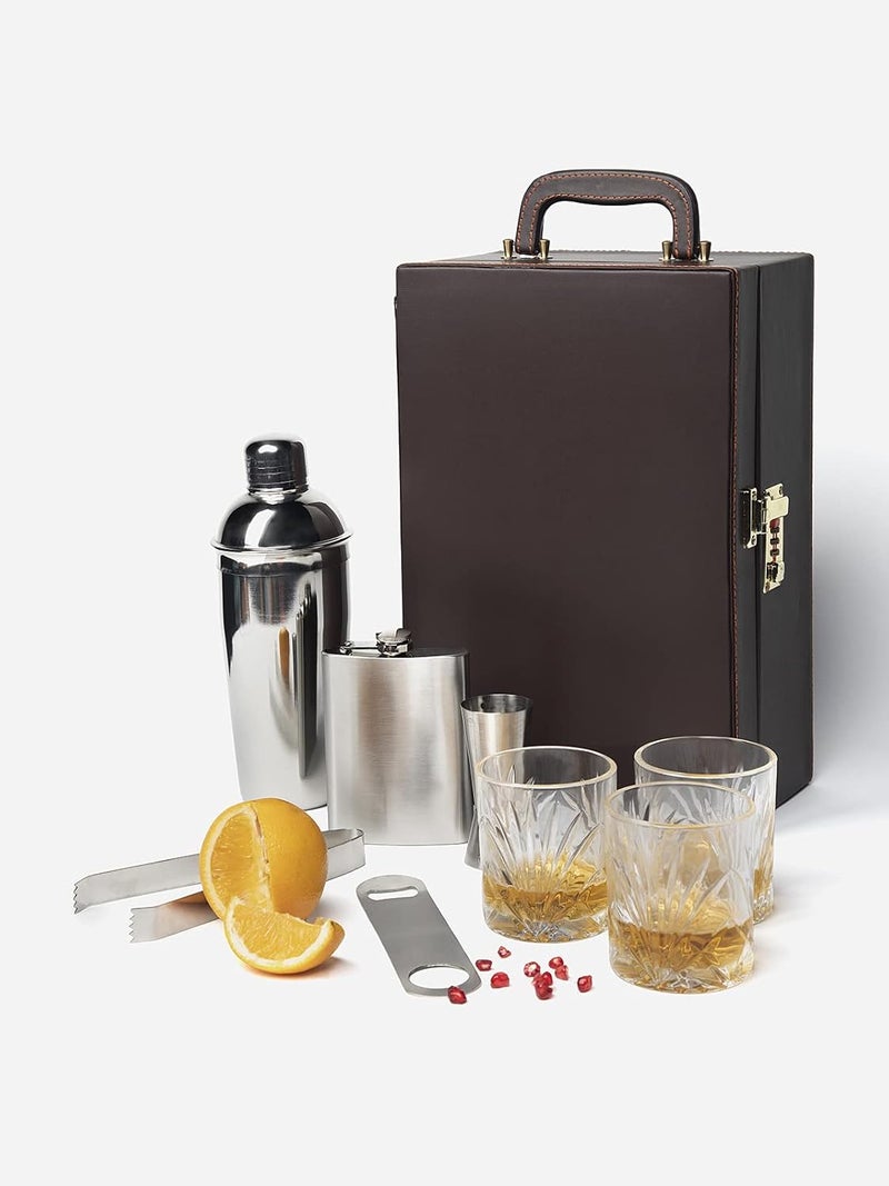 Anything & Everything Premium Bar Accessories Set with Whiskey Glasses | Portable Leatherette Bar Accessories Set | Bar Accessories Set for Picnic | Bar Set for Travel | Bar Set for car | (Brown) - Image 2