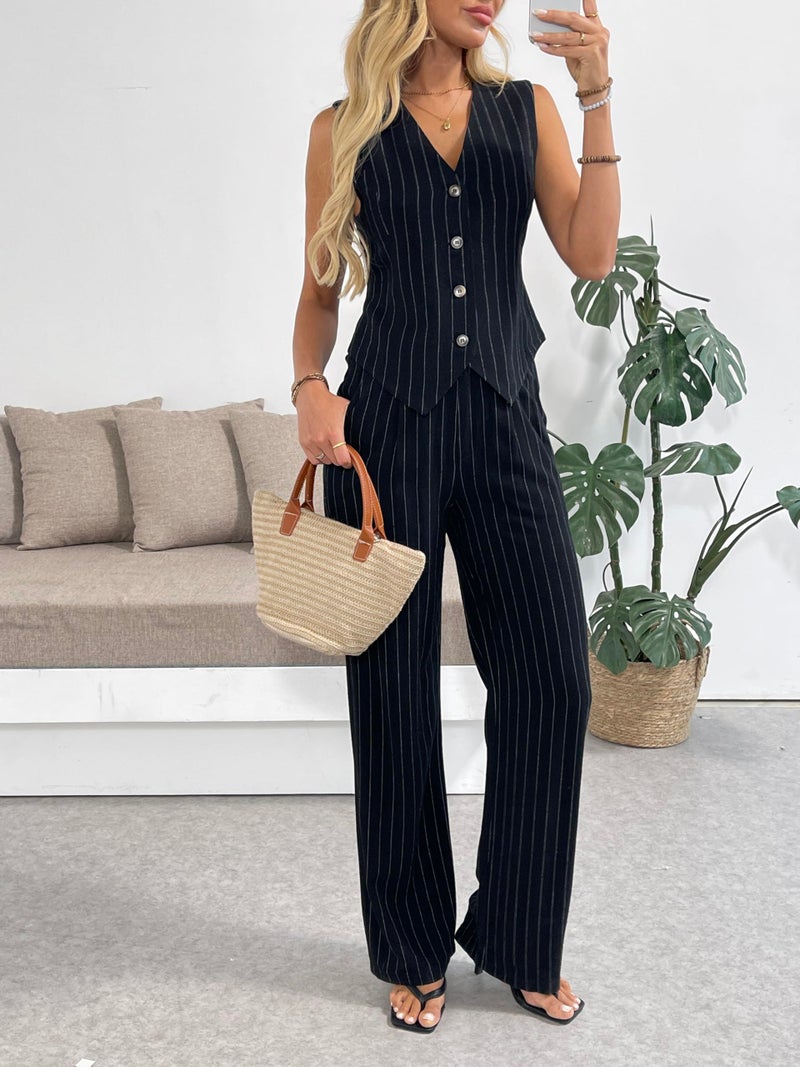 heipeiwa Women's 2 Piece Outfits Linen Vest Waistcoat Dressy Casual Sets Wide Leg Pants Suits Striped Black - Image 2