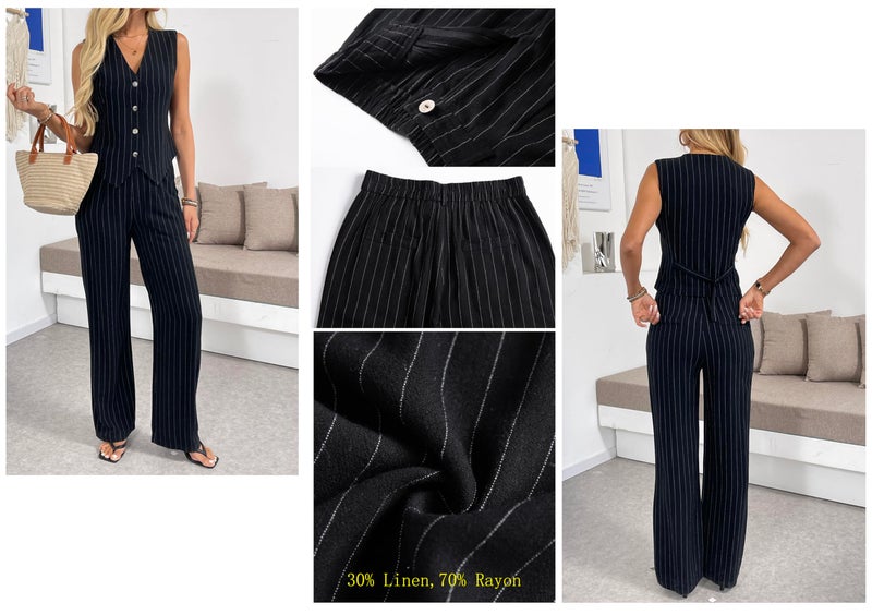 heipeiwa Women's 2 Piece Outfits Linen Vest Waistcoat Dressy Casual Sets Wide Leg Pants Suits Striped Black - Image 5