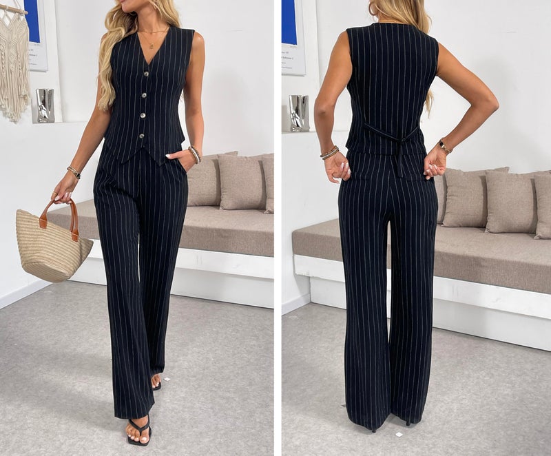 heipeiwa Women's 2 Piece Outfits Linen Vest Waistcoat Dressy Casual Sets Wide Leg Pants Suits Striped Black - Image 4
