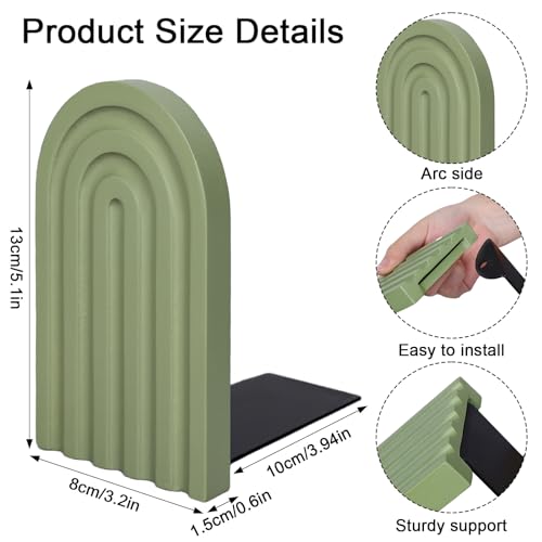 Whaline 4 Pcs Boho Wooden Arch Bookends Sage Green Rainbow NonSkid Book Stoppers Study Decorative Bookend for Heavy Books Back to School Home Office Library Table Living Room Nursery 4 Colors - Image 3