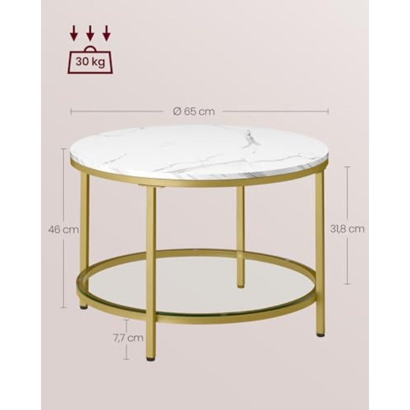 Coffee Table Living Room Table Cocktail Table for Sofa Faux Marble Round Tempered Glass Storage Shelf Easy to Assemble Modern Style for Living Room White Marble and Pale Gold LCT072W59 - Image 3