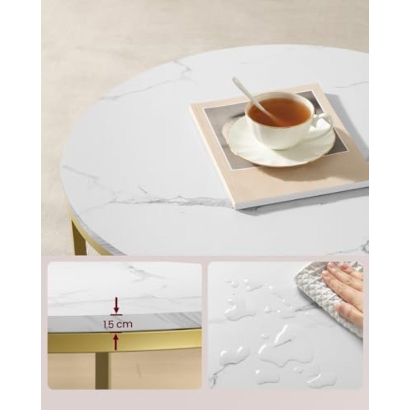 Coffee Table Living Room Table Cocktail Table for Sofa Faux Marble Round Tempered Glass Storage Shelf Easy to Assemble Modern Style for Living Room White Marble and Pale Gold LCT072W59 - Image 5