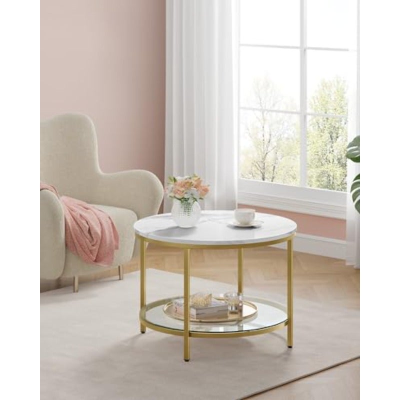 Coffee Table Living Room Table Cocktail Table for Sofa Faux Marble Round Tempered Glass Storage Shelf Easy to Assemble Modern Style for Living Room White Marble and Pale Gold LCT072W59 - Image 2