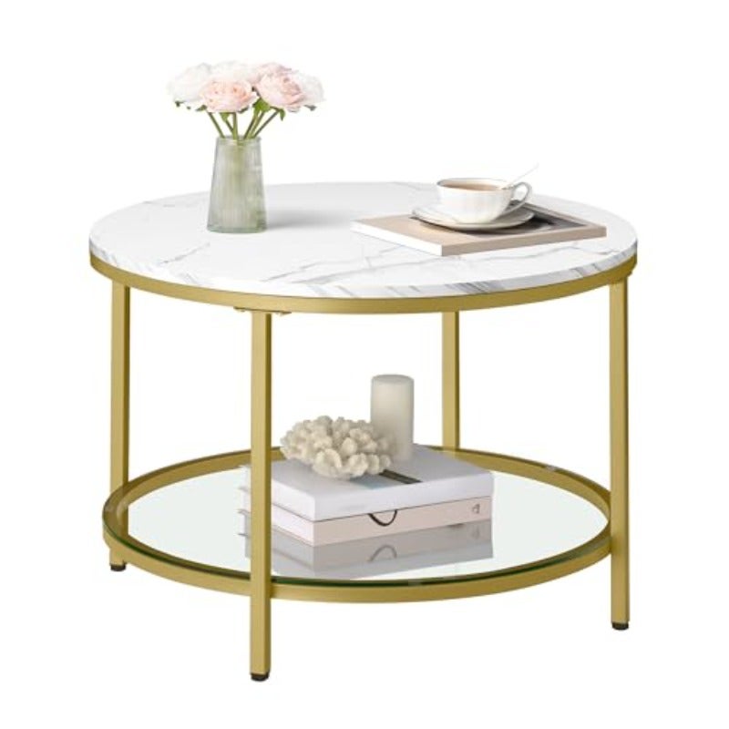 Coffee Table Living Room Table Cocktail Table for Sofa Faux Marble Round Tempered Glass Storage Shelf Easy to Assemble Modern Style for Living Room White Marble and Pale Gold LCT072W59 - Image 1