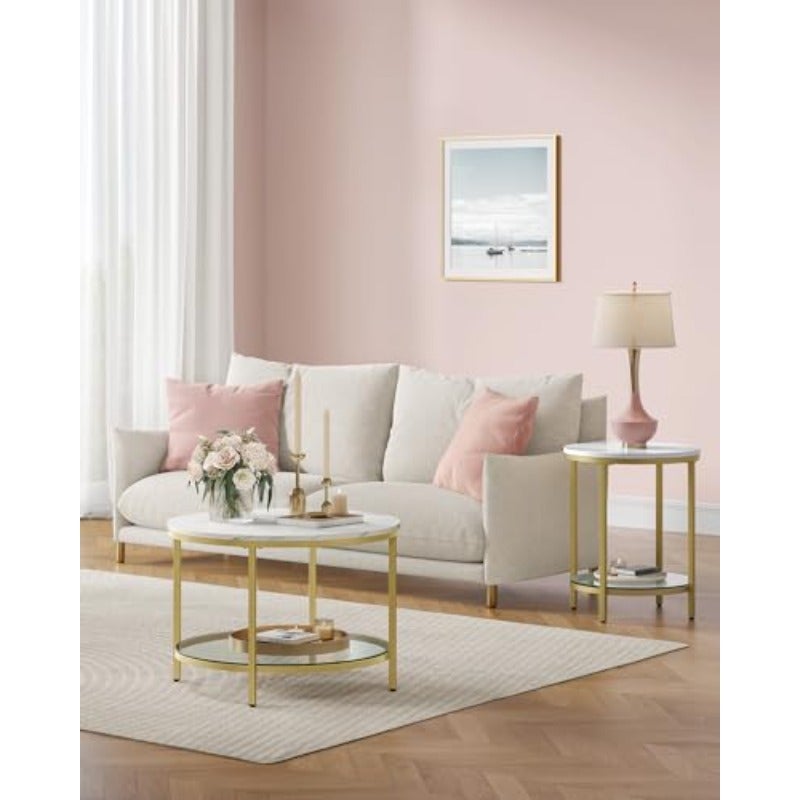 Coffee Table Living Room Table Cocktail Table for Sofa Faux Marble Round Tempered Glass Storage Shelf Easy to Assemble Modern Style for Living Room White Marble and Pale Gold LCT072W59 - Image 4