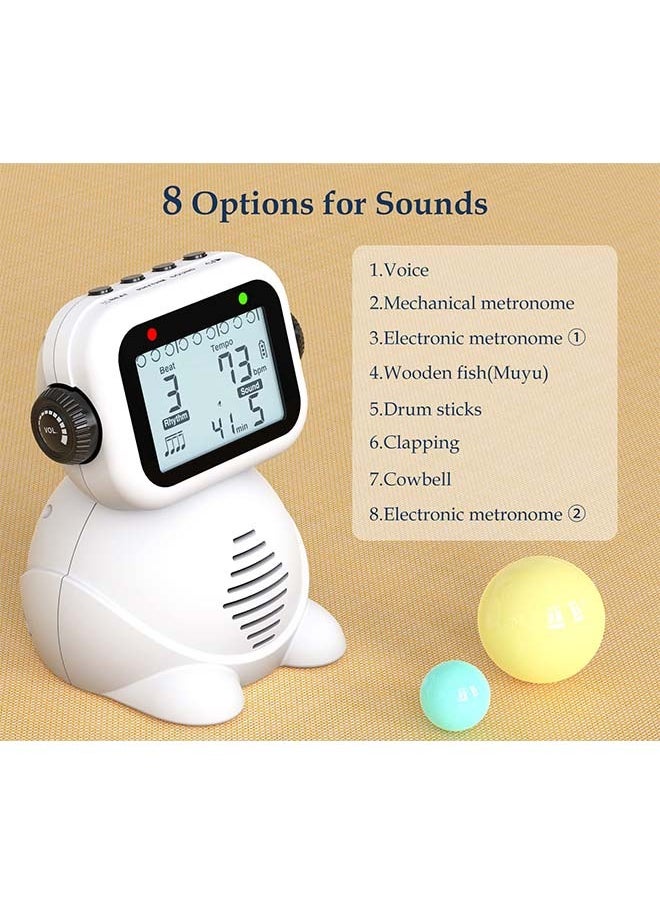 Metronome, Digital Voice Metronome with Timer, Rechargeable Electronic Metronome with 8 Options of Tones, Robot Design with Volume Adjustment for Piano, Guitar, Drum