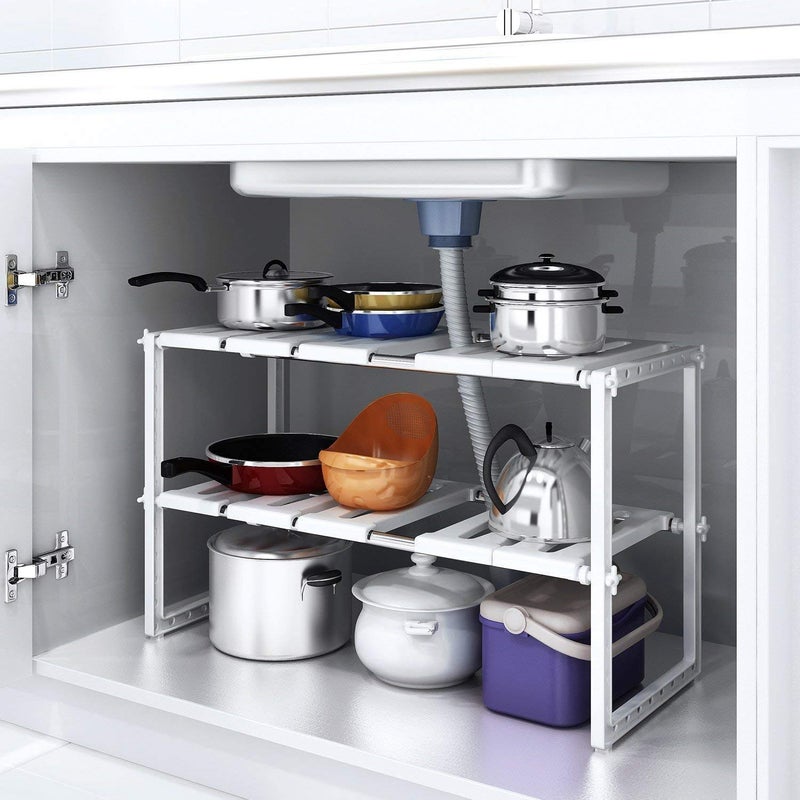LUVITT Adjustable Under Sink Storage Shelf Kitchen Storage & Organisation Storage Shelves Expandable Cupboard Shelf Organizer Cabinet Unit Kitchen Shelves White Premium PVC Storage Solutions - Image 1