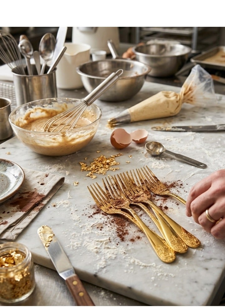 Gold-plated cutlery sets with distinctive designs, a gold-plated cutlery set with an antique floral pattern for 6 people, stainless steel cutlery for home and kitchen. - Image 2