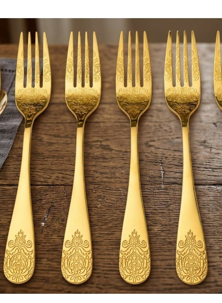 Gold-plated cutlery sets with distinctive designs, a gold-plated cutlery set with an antique floral pattern for 6 people, stainless steel cutlery for home and kitchen. - Image 1
