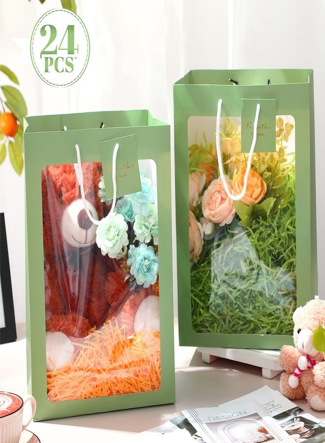 Yahenda 24 Pcs Graduation Clear Gift Bag with Window 13. 8 x 9. 8 x 5. 9" Large Transparent Paper Bouquet Totes Bags with Handle for Wedding Birthday(Sage Green) - Image 2