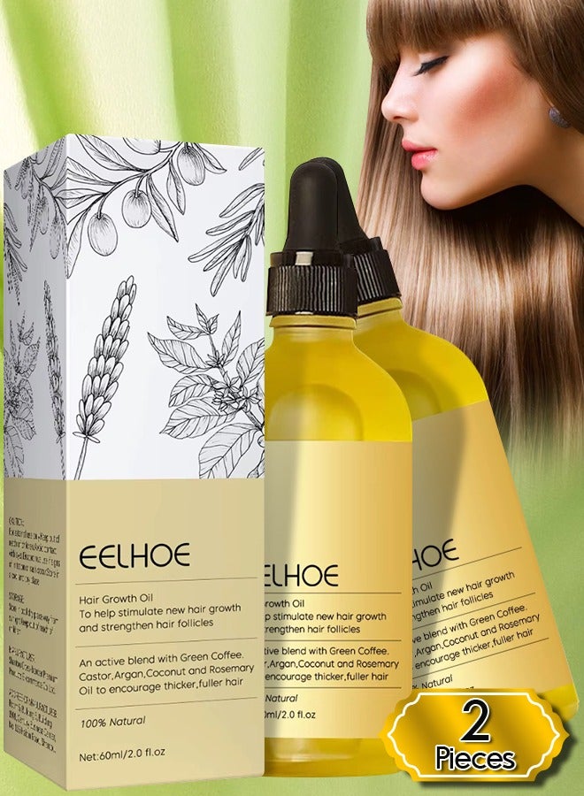 EELHOE زيت نمو الشعر 2 قطعة 100% طبيعي زيت إكليل الجبل مع زيت القهوة الخضراء وزيت الخروع وزيت الأركان وجوز الهند لتشجيع شعر أكثر كثافة وامتلاء زيت إكليل الجبل العطري للشعر الجاف والتالف وعلاج فروة الرأس سيروم - Image 1