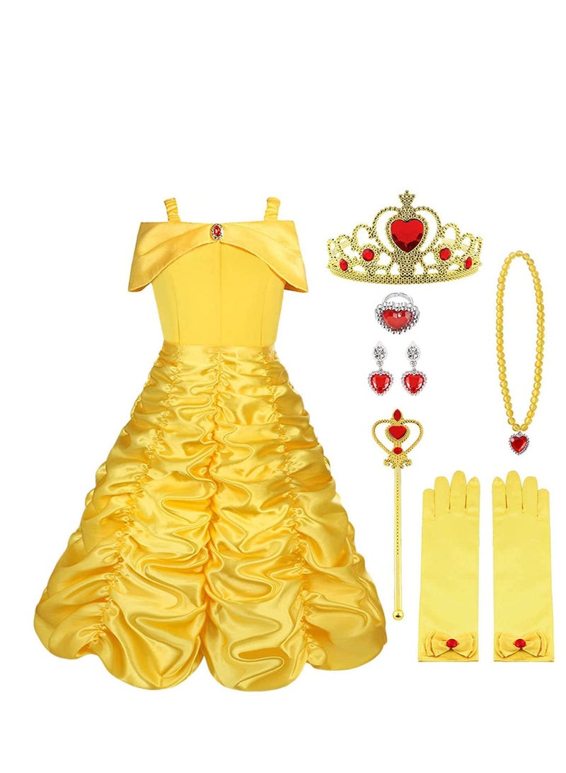 XiuWoo Princess Belle Fancy Dress Up Party Costumes Dresses, Costume Dress, with Crown Wand Gloves Necklace Ring and Earrings, Suitable for Cosplay, Girls ( Yellow)  - Image 1