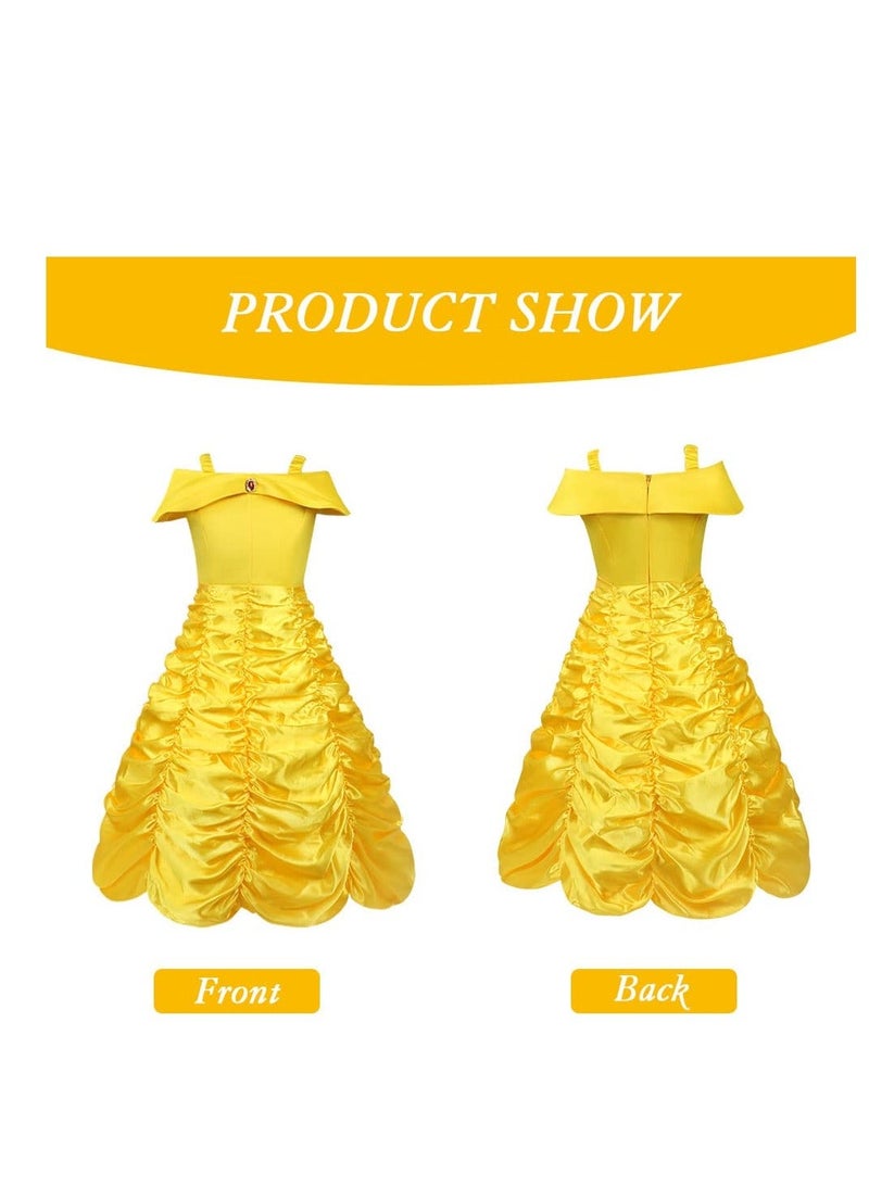 XiuWoo Princess Belle Fancy Dress Up Party Costumes Dresses, Costume Dress, with Crown Wand Gloves Necklace Ring and Earrings, Suitable for Cosplay, Girls ( Yellow)  - Image 2