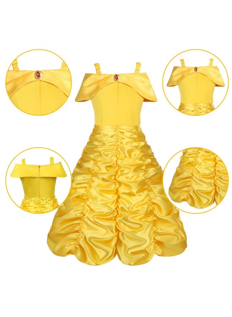 XiuWoo Princess Belle Fancy Dress Up Party Costumes Dresses, Costume Dress, with Crown Wand Gloves Necklace Ring and Earrings, Suitable for Cosplay, Girls ( Yellow)  - Image 3