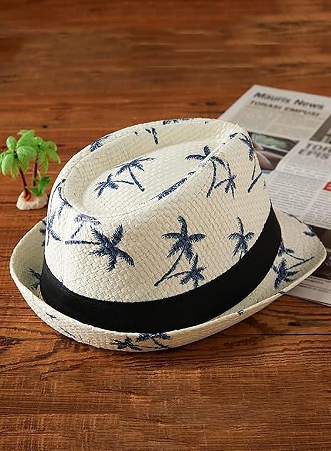 INFISPACE Boy's Printed Fedora Straw hat | Summer Sun Protection Cowboy Trilby Hat (in, Age, 15 Years, White) - Image 2