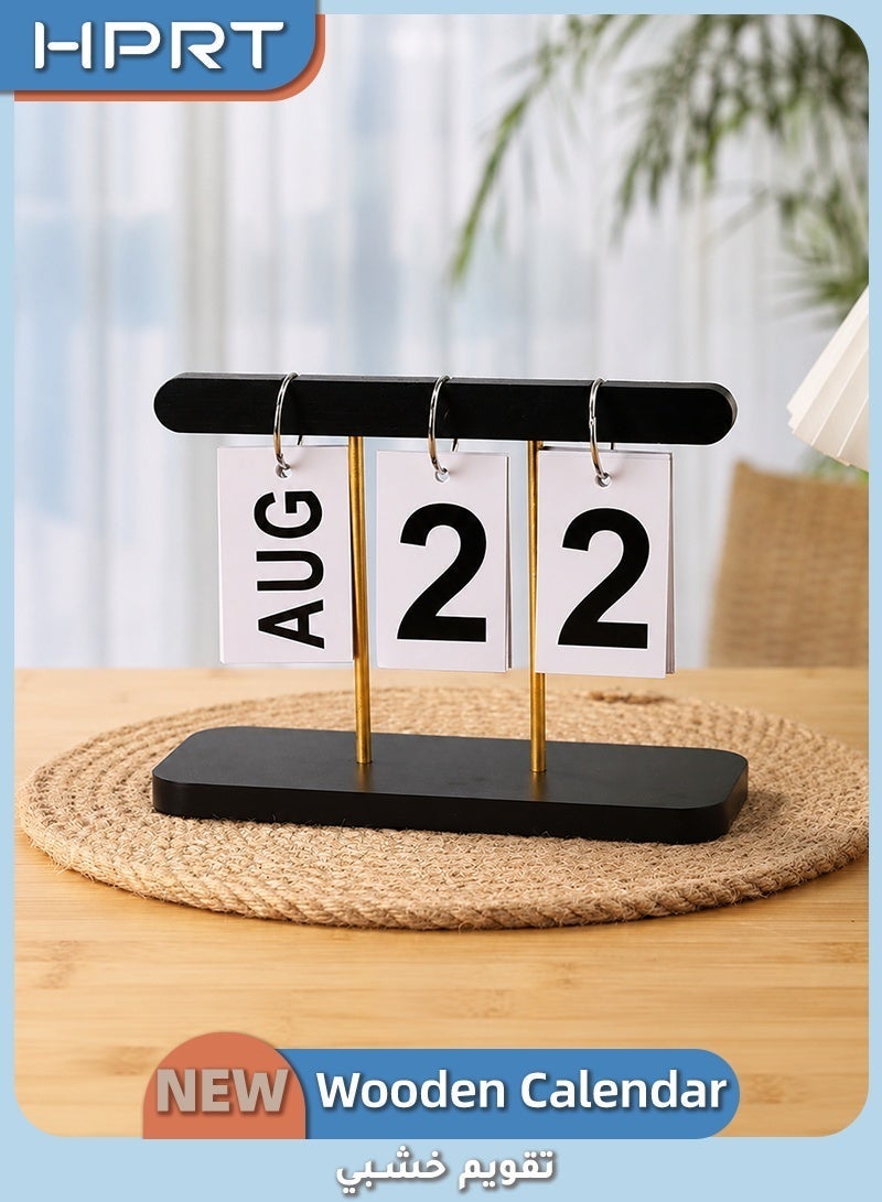 HPRT Wooden Perpetual Calendar, Flip Desk Calendar with Metal Stand, Reusable Manual Date Display and Black Desk Decor for Home, Office, Coffee Table and Bookshelf (20 × 15.6 × 8 cm) - Image 1