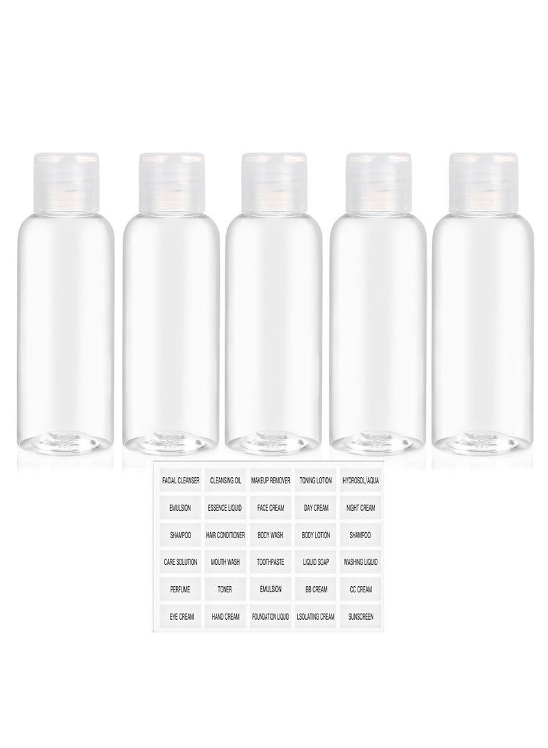 زجاجات السفر لمستلزمات النظافة، حاويات زجاجات بلاستيكية فارغة مانعة للتسرب بحجم السفر مع ملصقات (5 عبوات، 100 مل) - Image 1