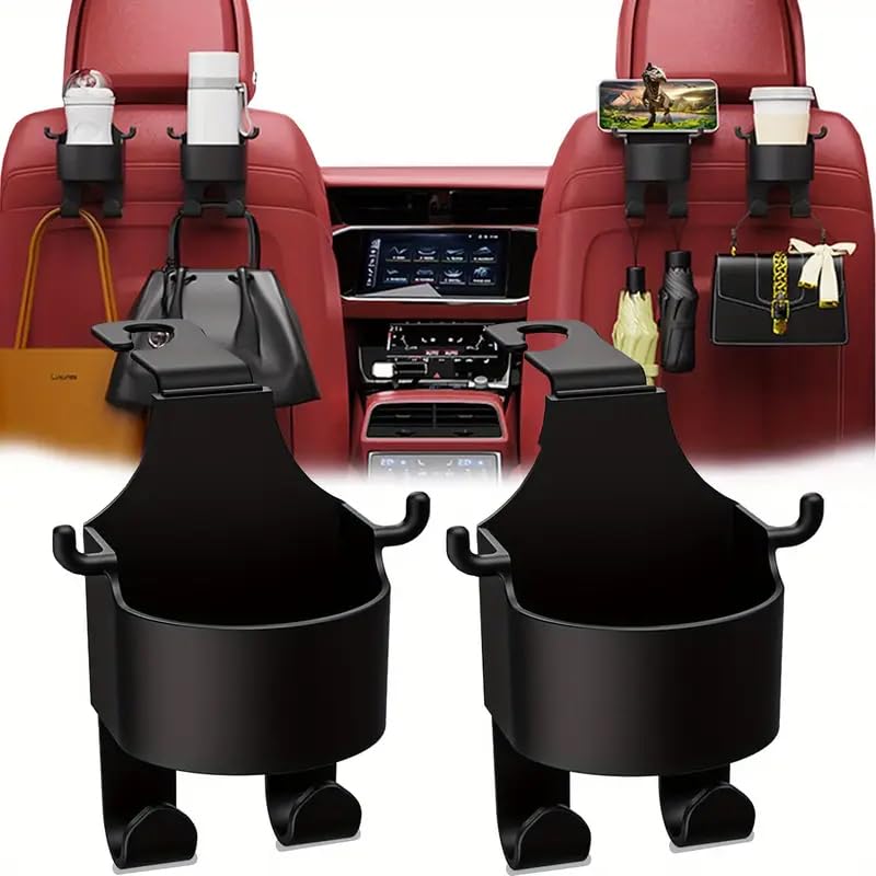 iDream Multifunctional Car Seat Headrest Hook with Cup Holder - 3-in-1 Organizer for Bags, Drinks, Phones, Keys, Umbrellas - Space-Saving, Universal Fit (Black, Pack of 2) - Image 1