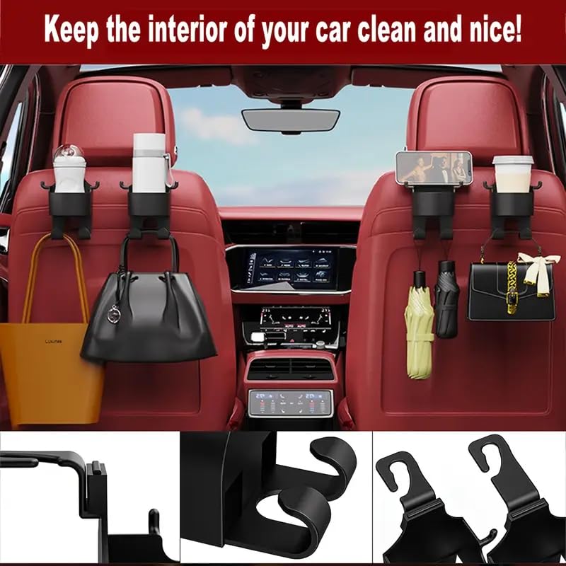 iDream Multifunctional Car Seat Headrest Hook with Cup Holder - 3-in-1 Organizer for Bags, Drinks, Phones, Keys, Umbrellas - Space-Saving, Universal Fit (Black, Pack of 2) - Image 3