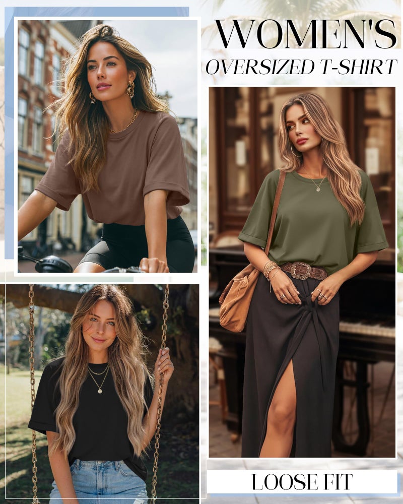 Riyiper 3 Pack Women's Oversized T-Shirt Half Sleeve Summer Tees Casual Loose Fit Crew Neck Basic Tops(Black, Olive Green, Mocha,Large) - Image 3