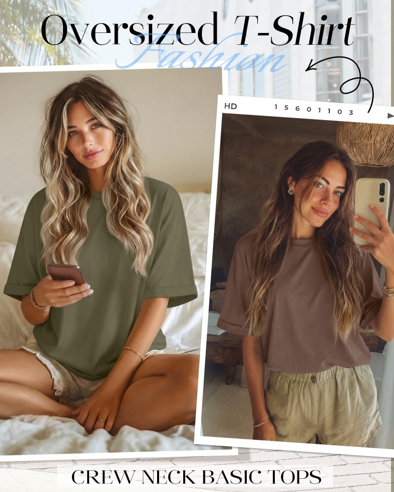 Riyiper 3 Pack Women's Oversized T-Shirt Half Sleeve Summer Tees Casual Loose Fit Crew Neck Basic Tops(Black, Olive Green, Mocha,Large) - Image 4