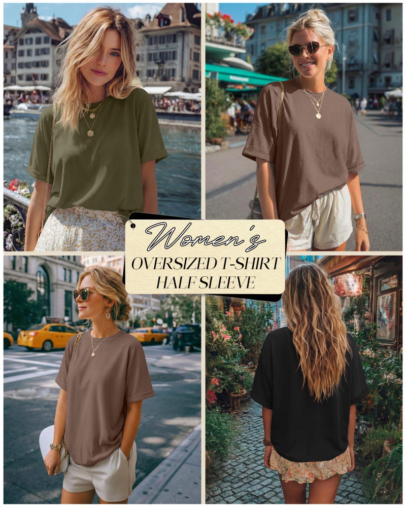 Riyiper 3 Pack Women's Oversized T-Shirt Half Sleeve Summer Tees Casual Loose Fit Crew Neck Basic Tops(Black, Olive Green, Mocha,Large) - Image 2