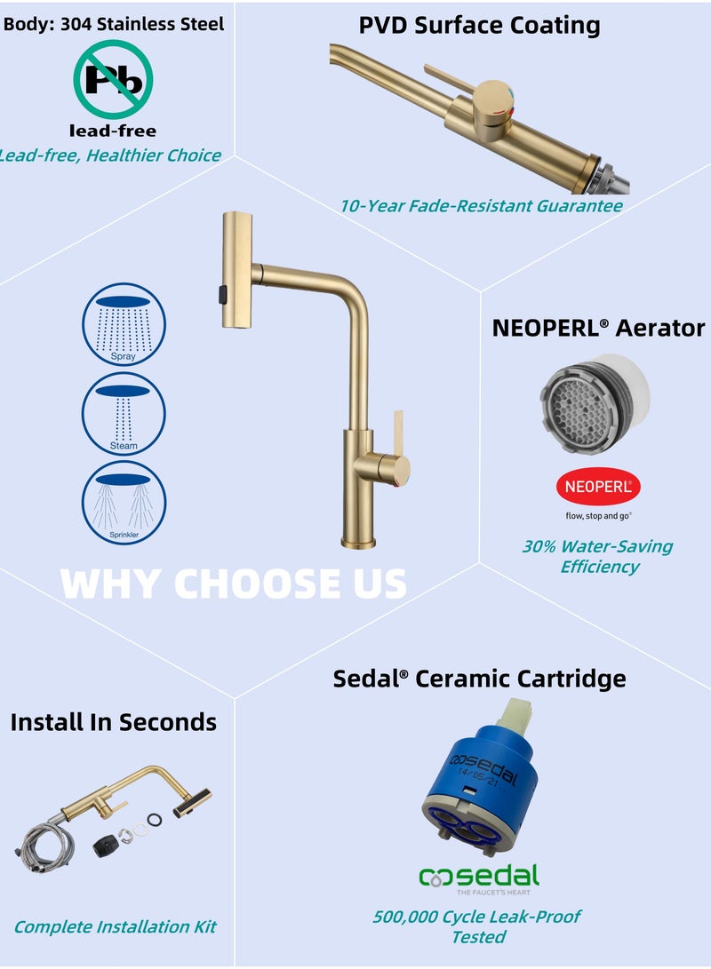 NANAO Kitchen Faucet, 304 Stainless Steel Pull Down Faucet for Kitchen Sink, PVD Gold - Image 3