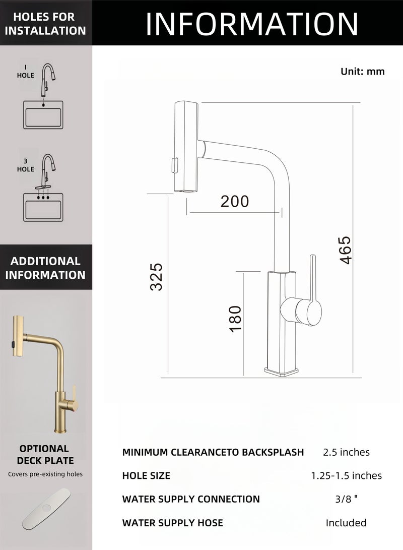 NANAO Kitchen Faucet, 304 Stainless Steel Pull Down Faucet for Kitchen Sink, PVD Gold - Image 5