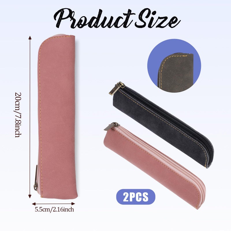 Psyqtsuary Leather Pencil Pouch, 2 Pcs Slim Pencil Case Portable Small Pencil Pouch Soft Flat Pen Bags with Zipper Simple Makeup Bag Lipstick Case for Women Men Home, Office, Travel Outdoor (Black, Pink) - Image 2