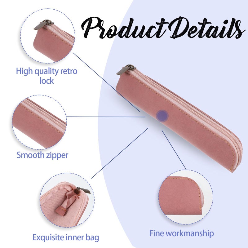 Psyqtsuary Leather Pencil Pouch, 2 Pcs Slim Pencil Case Portable Small Pencil Pouch Soft Flat Pen Bags with Zipper Simple Makeup Bag Lipstick Case for Women Men Home, Office, Travel Outdoor (Black, Pink) - Image 3