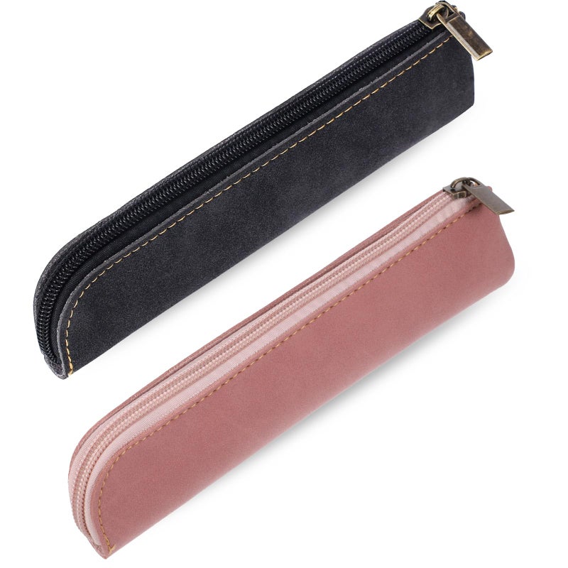 Psyqtsuary Leather Pencil Pouch, 2 Pcs Slim Pencil Case Portable Small Pencil Pouch Soft Flat Pen Bags with Zipper Simple Makeup Bag Lipstick Case for Women Men Home, Office, Travel Outdoor (Black, Pink) - Image 1