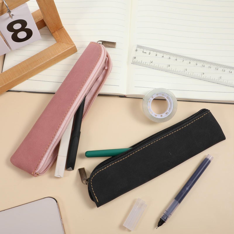 Psyqtsuary Leather Pencil Pouch, 2 Pcs Slim Pencil Case Portable Small Pencil Pouch Soft Flat Pen Bags with Zipper Simple Makeup Bag Lipstick Case for Women Men Home, Office, Travel Outdoor (Black, Pink) - Image 4