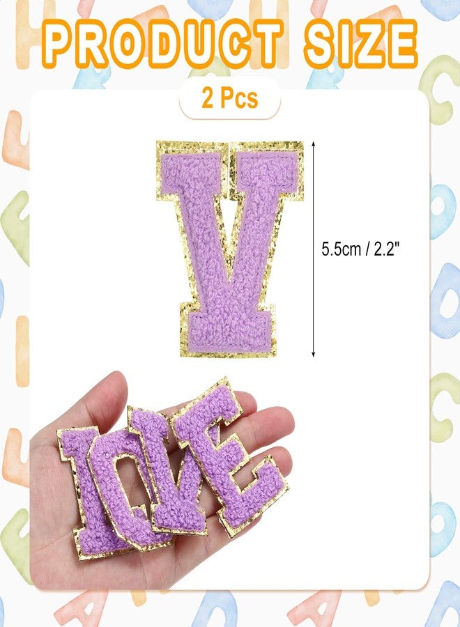 MECCANIXITY Chenille Letter Patches 2.2" Self Adhesive Alphabet V Stick on Embroidered Patch Sew on Letter Stickers Applique for Repairing Clothing Jeans Shoes Hats DIY(Purple, Pack of 2) - Image 2