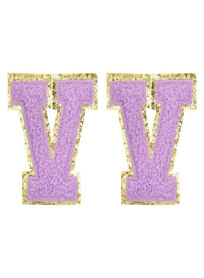 MECCANIXITY Chenille Letter Patches 2.2" Self Adhesive Alphabet V Stick on Embroidered Patch Sew on Letter Stickers Applique for Repairing Clothing Jeans Shoes Hats DIY(Purple, Pack of 2) - Image 1