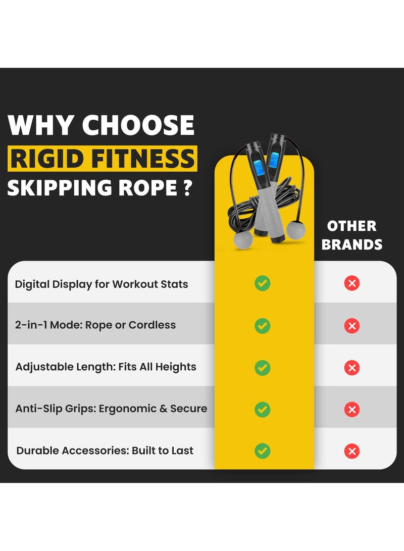 RIGID FITNESS Smart Skipping Rope Adult with Digital Counter, Adjustable Length, Weighted Handles, Cordless & Corded, Alarm Reminder, For Fitness, Boxing, Cardio & Home Workouts (3.2 Meters) - Image 3