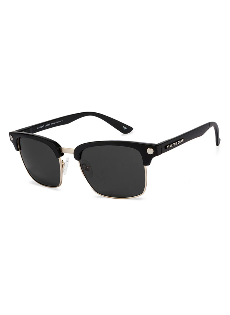 VINCENT CHASE Vincent Chase By Lenskart | Matte Black Golden Grey Full Rim Square Branded Latest and Stylish Sunglasses | Polarized and 100% UV Protected | Men & Women | Large | VC S10681/P
