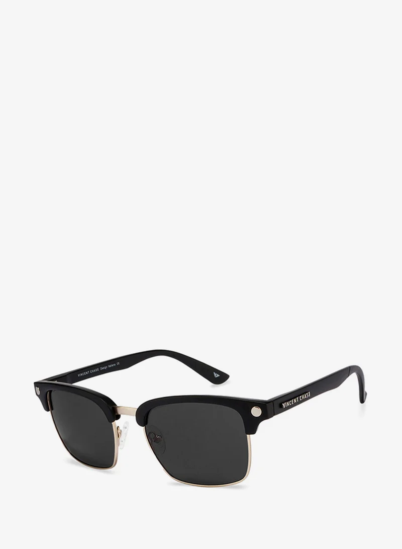 VINCENT CHASE Vincent Chase By Lenskart | Matte Black Golden Grey Full Rim Square Branded Latest and Stylish Sunglasses | Polarized and 100% UV Protected | Men & Women | Large | VC S10681/P