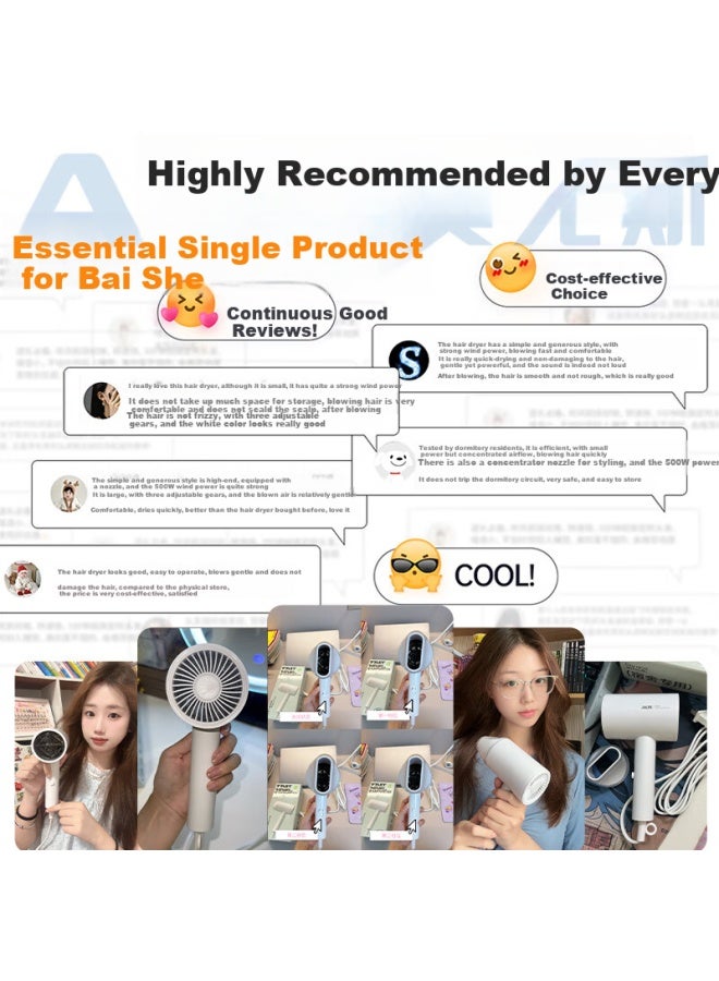 Aux Hair Dryer For Dormitory Use, Low Power Consumption 500w, Hair Blower For Home Use, Quiet Operation, Gentle On Hair, Hair Protection, Electric Hair Dryer With High Airflow, Quick-drying, Styling, Mini Portable - Image 1