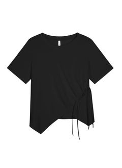 New Chinese Style National Style Buckle Tassel Split Short Sleeve T-shirt Women's Summer Chubby Girl Plus Size Design Skinny Top 63379