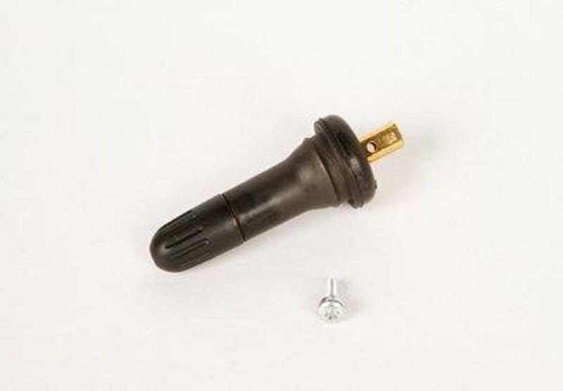مجموعة أجزاء صمام نظام مر��قبة ضغط الإطارات (TPMS) من رقم 15263240، مصنوعة لمركبات جنرال موتورز (GM)، تشمل غطاء الصمام وجسم الصمام والبرغي المستخدم في تثبيته.