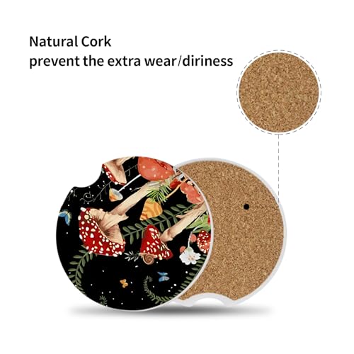 Adastrah 2 Pack Cute Mushroom Pattern Absorbent Car Coasters for Cup Holders,2.56" Ceramic Coasters with Cork Back and Finger Slot,Auto Accessories for Women & Men. - Image 2