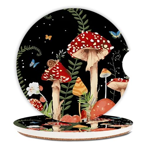 Adastrah 2 Pack Cute Mushroom Pattern Absorbent Car Coasters for Cup Holders,2.56" Ceramic Coasters with Cork Back and Finger Slot,Auto Accessories for Women & Men. - Image 1