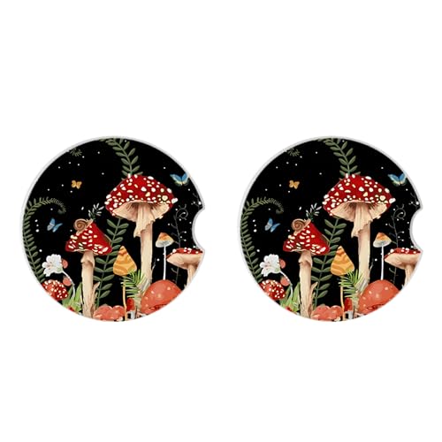 Adastrah 2 Pack Cute Mushroom Pattern Absorbent Car Coasters for Cup Holders,2.56" Ceramic Coasters with Cork Back and Finger Slot,Auto Accessories for Women & Men. - Image 4