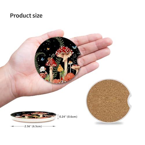 Adastrah 2 Pack Cute Mushroom Pattern Absorbent Car Coasters for Cup Holders,2.56" Ceramic Coasters with Cork Back and Finger Slot,Auto Accessories for Women & Men. - Image 3