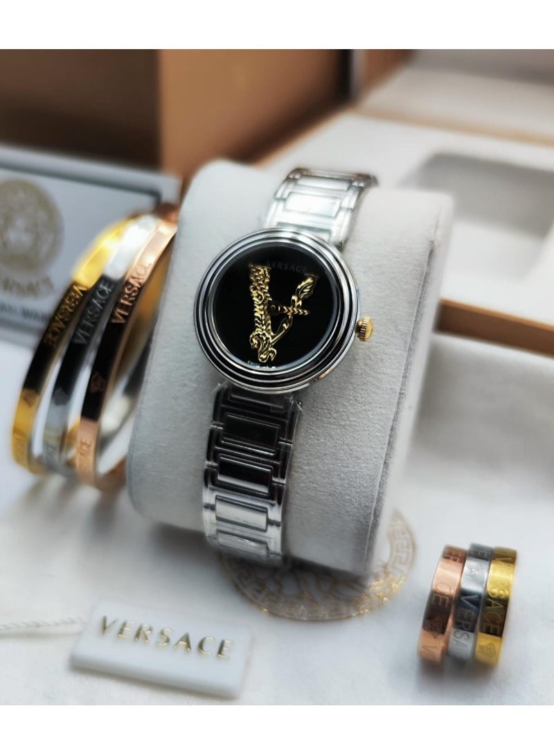VS Versace women's watch set, 3 bracelets x 3 rings, stainless steel